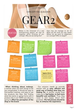 Color IQ - Sephora
Technology that helps
customer to find the 
right products, exactly 
matching their skin 
tones and undertones
Perform a Skin
Analysis  
that provides insights
about the quality of
the skin as well as its
perfect color match
Using technology 
in order to have 
more knowledge
about different
products, about your
own skin too
Create a skin tone 
measurement system 
in order to able to
identify clearly
different skin tones 
(ex: Pantone
reference)
Sephora Stores 
Great diversification  
of brands, products
and price ranges.
Training
all the sales  
representatives in  
order for them to be 
efficient with the skin color matching device
Inform each  
customer  
about all the 
makeup possibilities 
he has within the 
store
Increase 
the advice quality 
from the sales teams 
and beauty advisors
Create larger product 
ranges in terms of 
colors in order to  
more chances to  
perfectly match the 
customer’s skin tone
Create a color chart 
based on a
measurement system 
or an existing chart 
like the Pantone one
Women between 15  
and 50 years old 
That like to wear  
makeup and need to 
find the right products 
and the one that want to
wear make-up but don’t
know what they need
How might we help 
every customer to  
ﬁnd the right  
makeup products? 
Especially foundation
Below is the transcript of a real
brainstorming session we had all
together while thinking of our
concept. Why are we doing this?  
How may we manage to do it?
What are the tools we may need?
Where do we want to implement
our concept? Who to target?
IDEATION
When thinking about makeup,
a woman does not want things to be
too complicated. It should be easy to
find perfect matches, and easy to use
the products she likes. Not finding
what she wants or going home with a
product she is not 100% sure about is
going to affect her perception of the
shop or the brand.  
Our solution needs to provide
women with an easy, efﬁcient and
quick way of ﬁnding what they are
looking for. A woman usually buys
make-up to feel better, to feel more
beautiful and conﬁdent. Thus, they
need to feel happy about their
purchase. The full process should be
fun, to enhance the experience.
METAPHORS
Page 7
 
