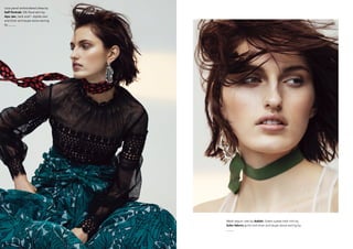 Lace panel embroidered dress by
Self Portrait; Silk floral skirt by
Apu Jan; neck scarf - stylists own
and silver and taupe stone earring
by _____
Mesh sequin vest by Ashish; Green suede neck trim by
Soho fabrics (p/m) and silver and taupe stone earring by
_____
 