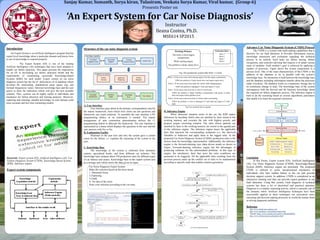 .
Keywords- Expert system (ES), Artificial Intelligence (AI), Car
Failure Diagnosis System (CNDS), Knowledge-Based System
(KBS), Inference engine.
Expert system components
Structure of the car noise diagnosis system
A. User Interface
User interface goes about as the primary correspondence unit for
the master framework, from which were client can ask questions and
framework can create solutions. To assemble the user interface a PC
programming dialect or an instrument is needed. The master
arrangement of auto commotion determination utilizes the C-
programming dialect to fabricate the framework. The user interface is
represented as a menu which displays the questions to the user and the
user answers with Yes or No.
B. Explanation Facility
Illustrates to the user how and why the system gave a certain
cause for the failure, i.e. explains the reasoning of the system to the
user.
C. Knowledge Base
The knowledge of the system is collected from mechanic
experts, specialized books, and from different car websites. The
knowledge base contains about 150 production rules for different types
of car failures and causes. Knowledge base in the expert system acts
as a storage unit which stores the data given as input.
Advance Car Noise Diagnosis System (CNDS) Process
The CNDS is a system with multi-tasking capabilities that is
directive for car fault detection. It Provides information sources,
knowledge interaction and evaluation regarding the technical
process to be tackled. Such tasks are failure tracing, failure
recognition, and customer advising that requires it to adopt various
types of modules. Each module’s goal is achieved by applying a
number of processes. Figure shows the system components in a
process level. One of the main characteristics of the CNDS is the
addition of the database to be in parallel with the system’s
knowledge base. An interaction is held between the knowledge base
and the database including information transfer about the processes
under execution. The database works as a temporary storage due to
its continuous change in state. The knowledge base of the system
encompasses both the derived and the heuristic knowledge about
the required car failure diagnostic process. The inference engine is
built to do the reasoning based on several algorithmic procedures
that enable it to reach the required conclusion.
Fig. Advance CFDS processes
Conclusion
In this Poster, Expert system (ES), Artificial Intelligence
(AI), Car Noise Diagnosis System (CNDS), Knowledge-Based
System (KBS), Inference engine are presented. The proposed
CNDS is utilized to assist inexperienced mechanics or
individuals who face sudden failure in the car and provide
decision support system. In addition, CNDS is considered as an
interactive training tool that can provide expert guidance in car
fault detection. Using this system, Fault diagnosis in technical
systems has done a lot of theoretical and practical attention.
Diagnosis is a complex reasoning activity, which is currently one of
the domains where Artificial Intelligence techniques have been
successfully applied as these techniques use association rules,
reasoning and decision making processes as would the human brain
in solving diagnostic problems.
Reference
• http://www.rebuilt-auto-engines.com
• http://www.speeding.co.uk/acatalog/engine.html
• Youtube; https://www.youtube.com/watch?v=RKjdnQ0sHQc
• http://www.writing.engr.psu.edu/posters.html
Sanjay Kumar, Sumanth, Surya kiran, Tulasiram, Venkata Surya Kumar, Viral kumar, (Group-6)
Presents Poster on
‘An Expert System for Car Noise Diagnosis’
Instructor
Ileana Costea, Ph.D.
MSE MSE614 SP2015
D. Inference Engine
When abnormal situation arises in the car, the KBS makes
inferences by deciding which rules are satisfied by facts stored in the
working memory and executes the rule with highest priority and
propose proper correcting solution. The rules whose patterns are
satisfied by facts in the working memory are stored in the agenda part
of the inference engine. The inference engine traces the applicable
facts that represent the corresponding symptoms (i.e. the observed
Variables or behavior) and apply them to the tagged rules. In the
proposed Car Noise Diagnosis System (CNDS), production-rules is the
chosen form for knowledge representation. Additionally, the inference
engine is the forward-chaining type (data driven mode) as shown in
Figure. Forward-chaining inference engine has the advantages of
producing solutions for the unformulated problems. In this type of
engine, the satisfactory facts that meet the rules conditions are
promoted to be triggered. All the applicable rules resulting from the
previous process make up the conflict set of rules to be implemented
according to specific order that enables solution generation.
Introduction
An Expert System is an artificial intelligence program that has
expert level knowledge about a particular domain and knows how
to use its knowledge to respond properly.
The Expert System (ES) is one of the leading
Artificial Intelligence (AI) techniques that have been adopted to
handle car failure detection. This paper presents the imperatives
for an ES in developing car failure detection model and the
requirements of constructing successful Knowledge-Based
Systems (KBS) for such model. Expert system on car noise
diagnosis system has the list of deficiencies in its database which
develops the relationship, standardized mean square slip, and
formant frequencies values between knowledge base and the user
quires to draw the inferences which will give the best possible
solution. Thus, systems can be highly useful in individuals and
mechanics for failure detection and training purposes. Moreover,
capturing and retaining valuable knowledge on such domain yield
more accurate and less time consuming models
Car Noise Diagnosis Expert System
Make the selection based on the noise heard
1. Abnormal Noise.
2.Chattering.
3.Clunk.
X. No idea of the noise.
Enter your selection according to the car state;
Working Memory
The noise is from engine
compartment
While starting engine
The problem is faulty starter drive
Production Rules
Rule 1
Rule 2
Rule 3
Rule 4
Fig- The production system after Rule 1 is fired
Rule 1: IF the noise come when starting engine from the engine compartment,
THEN the problem is Faulty starter drive and inspect starter drive.
Rule 2: IF the noise come from under the vehicle while changing gears,
THEN the problem is damaged U-Joint and inspect U-Joint.
Rule 3: IF the noise come from tire or wheel or wheel area,
THEN the problem is Brake Pad/Shoe contaminated with grease or brake
fluid and inspect brake pad/Shoe front.
Rule 4: IF the noise come from front of vehicle while accelerating,
THEN the problem is worn or damaged CV half shaft and inspect CV half-
shaft.
Fig-Four assumed rules in agenda
 