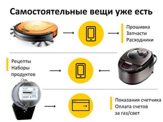 Самостоятельные	
  вещи	
  уже	
  есть	
  
▌ Рецепты	
  
▌ Наборы	
  
продуктов	
  
▌ Прошивка	
  
▌ Запчасти	
  
▌ Расходники	
  
	
  
	
  
▌ Показания	
  счетчика	
  
▌ Оплата	
  счетов	
  	
  
за	
  газ/свет	
  
	
  
 