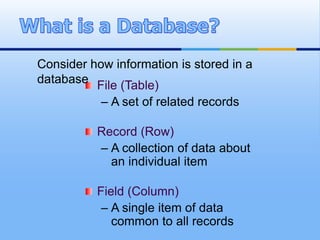 Consider how information is stored in a
database File (Table)
           – A set of related records

          Record (Row)
          – A collection of data about
            an individual item

          Field (Column)
           – A single item of data
             common to all records
 