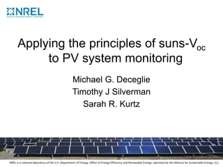 NREL is a national laboratory of the U.S. Department of Energy, Office of Energy Efficiency and Renewable Energy, operated by the Alliance for Sustainable Energy, LLC.
Applying the principles of suns-Voc
to PV system monitoring
Michael G. Deceglie
Timothy J Silverman
Sarah R. Kurtz
 