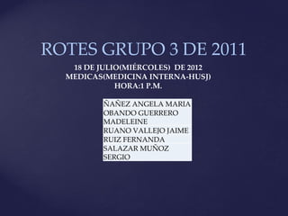 ROTES GRUPO 3 DE 2011
   18 DE JULIO(MIÉRCOLES) DE 2012
  MEDICAS(MEDICINA INTERNA-HUSJ)
             HORA:1 P.M.

          ÑAÑEZ ANGELA MARIA
          OBANDO GUERRERO
          MADELEINE
          RUANO VALLEJO JAIME
          RUIZ FERNANDA
          SALAZAR MUÑOZ
          SERGIO
 