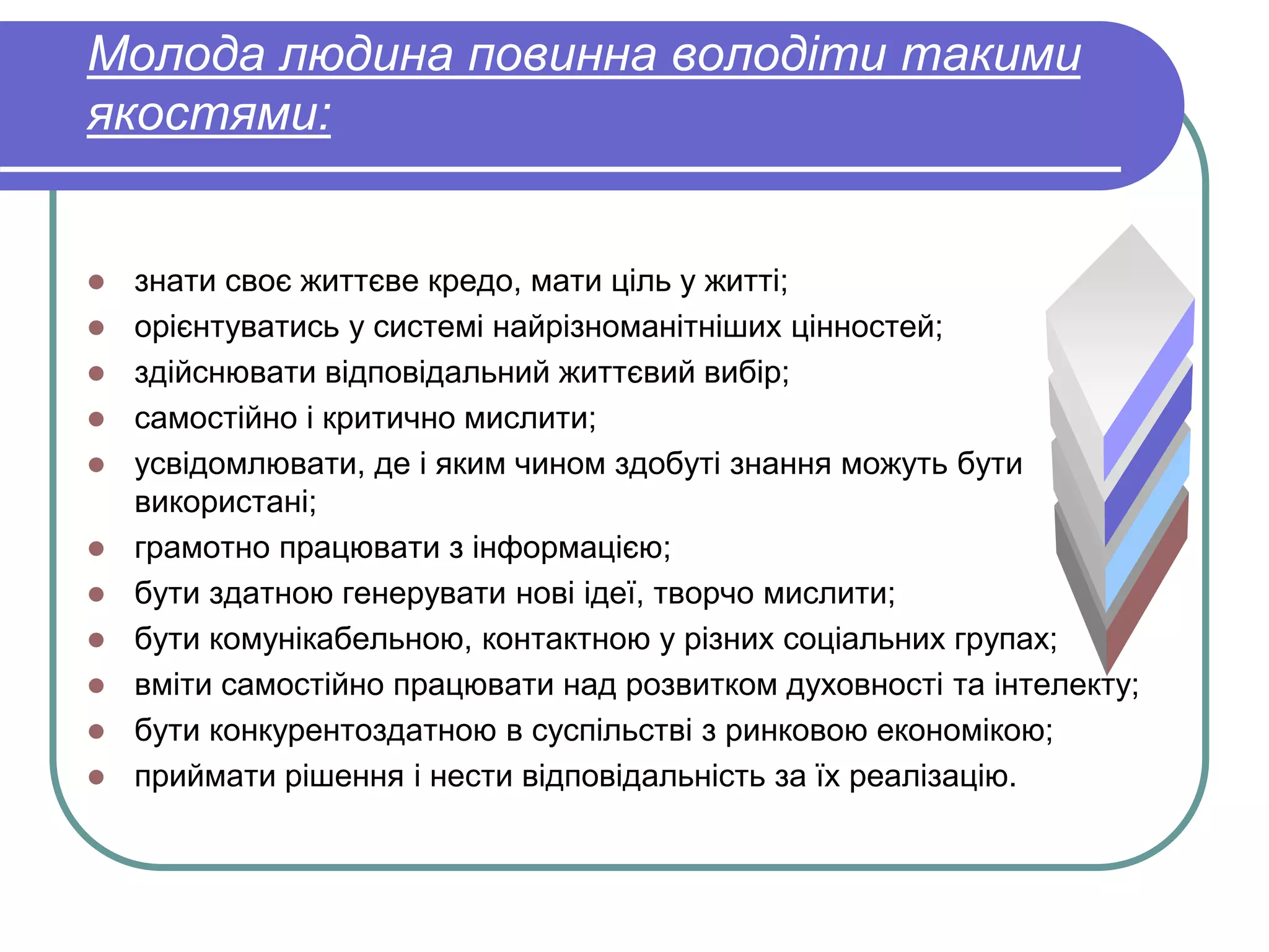 Молода людина повинна володіти такими 
якостями: 
 знати своє життєве кредо, мати ціль у житті; 
 орієнтуватись у системі найрізноманітніших цінностей; 
 здійснювати відповідальний життєвий вибір; 
 самостійно і критично мислити; 
 усвідомлювати, де і яким чином здобуті знання можуть бути 
використані; 
 грамотно працювати з інформацією; 
 бути здатною генерувати нові ідеї, творчо мислити; 
 бути комунікабельною, контактною у різних соціальних групах; 
 вміти самостійно працювати над розвитком духовності та інтелекту; 
 бути конкурентоздатною в суспільстві з ринковою економікою; 
 приймати рішення і нести відповідальність за їх реалізацію. 
 