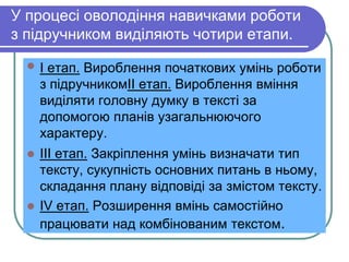 У процесі оволодіння навичками роботи 
з підручником виділяють чотири етапи. 
 I етап. Вироблення початкових умінь роботи 
з підручникомII етап. Вироблення вміння 
виділяти головну думку в тексті за 
допомогою планів узагальнюючого 
характеру. 
 III етап. Закріплення умінь визначати тип 
тексту, сукупність основних питань в ньому, 
складання плану відповіді за змістом тексту. 
 IV етап. Розширення вмінь самостійно 
працювати над комбінованим текстом. 
 