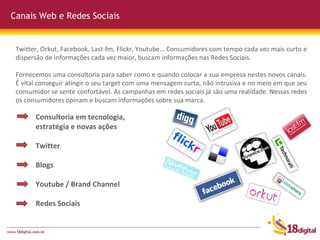 Canais Web e Redes Sociais Consultoria em tecnologia, estratégia e novas ações Twitter Blogs Youtube / Brand Channel Redes Sociais Twitter, Orkut, Facebook, Last-fm, Flickr, Youtube… Consumidores com tempo cada vez mais curto e dispersão de informações cada vez maior, buscam informações nas Redes Sociais. Fornecemos uma consultoria para saber como e quando colocar a sua empresa nestes novos canais. É vital conseguir atingir o seu target com uma mensagem curta, não intrusiva e no meio em que seu consumidor se sente confortável. As campanhas em redes sociais já são uma realidade. Nessas redes os consumidores opinam e buscam informações sobre sua marca. 