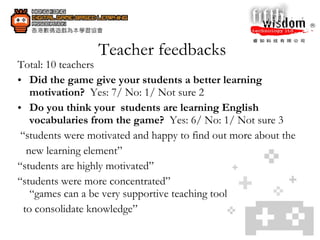 Teacher feedbacks Total: 10 teachers  Did the game give your students a better learning motivation?  Yes: 7/ No: 1/ Not sure 2 Do you think your  students are learning English vocabularies from the game?  Yes: 6/ No: 1/ Not sure 3 “ students were motivated and happy to find out more about the new learning element” “ students are highly motivated”  “ students were more concentrated” “games can a be very supportive teaching tool  to consolidate knowledge” 