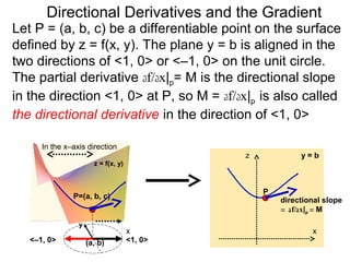 Directional Derivatives and the Gradient
Let P = (a, b, c) be a differentiable point on the surface
defined by z = f(x, y). The plane y = b is aligned in the
two directions of <1, 0> or <–1, 0> on the unit circle.
The partial derivative df/dx|p= M is the directional slope
in the direction <1, 0> at P, so M = df/dx|p is also called
the directional derivative in the direction of <1, 0>

      In the x–axis direction
                                              z            y=b
                       z = f(x, y)



                                                  P
               P=(a, b, c)
                                                      directional slope
                                                      = df/dx|p = M
                 y
                                     x                        x
   <–1, 0>           (a, b)          <1, 0>
 