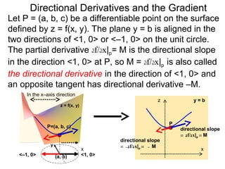 Directional Derivatives and the Gradient
Let P = (a, b, c) be a differentiable point on the surface
defined by z = f(x, y). The plane y = b is aligned in the
two directions of <1, 0> or <–1, 0> on the unit circle.
The partial derivative df/dx|p= M is the directional slope
in the direction <1, 0> at P, so M = df/dx|p is also called
the directional derivative in the direction of <1, 0> and
an opposite tangent has directional derivative –M.
      In the x–axis direction
                                                              z            y=b
                       z = f(x, y)



                                                                  P
               P=(a, b, c)
                                                                      directional slope
                                                                      = df/dx|p = M
                                              directional slope
                 y                            = –df/dx|p = – M
                                     x                                        x
   <–1, 0>           (a, b)          <1, 0>
 