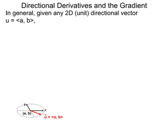 Directional Derivatives and the Gradient
In general, given any 2D (unit) directional vector
u = <a, b>,




      y
               x
      (a, b)
               u = <a, b>
 