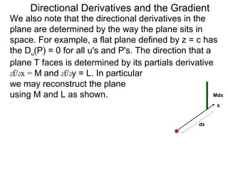 Directional Derivatives and the Gradient
We also note that the directional derivatives in the
plane are determined by the way the plane sits in
space. For example, a flat plane defined by z = c has
the Du(P) = 0 for all u's and P's. The direction that a
plane T faces is determined by its partials derivative
df/dx = M and df/dy = L. In particular
we may reconstruct the plane
using M and L as shown.                                 Mdx

                                                         x


                                                    dx
 