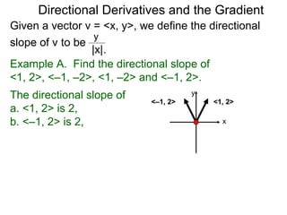 Directional Derivatives and the Gradient
Given a vector v = <x, y>, we define the directional
                  y
slope of v to be
                 |x|.
Example A. Find the directional slope of
<1, 2>, <–1, –2>, <1, –2> and <–1, 2>.
The directional slope of               y
                             <–1, 2>       <1, 2>
a. <1, 2> is 2,
b. <–1, 2> is 2,                             x
 