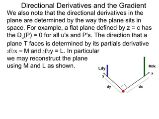 Directional Derivatives and the Gradient
We also note that the directional derivatives in the
plane are determined by the way the plane sits in
space. For example, a flat plane defined by z = c has
the Du(P) = 0 for all u's and P's. The direction that a
plane T faces is determined by its partials derivative
df/dx = M and df/dy = L. In particular
we may reconstruct the plane
using M and L as shown.               Ldy
                                                        Mdx

                                                         x
                                     y


                                         dy         dx
 