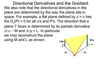 Directional Derivatives and the Gradient
We also note that the directional derivatives in the
plane are determined by the way the plane sits in
space. For example, a flat plane defined by z = c has
the Du(P) = 0 for all u's and P's. The direction that a
plane T faces is determined by its partials derivative
df/dx = M and df/dy = L. In particular
we may reconstruct the plane
using M and L as shown.               Ldy
                                                        Mdx

                                                         x
                                     y


                                         dy         dx
 