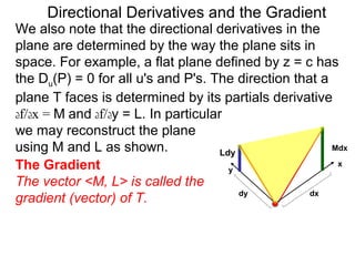 Directional Derivatives and the Gradient
We also note that the directional derivatives in the
plane are determined by the way the plane sits in
space. For example, a flat plane defined by z = c has
the Du(P) = 0 for all u's and P's. The direction that a
plane T faces is determined by its partials derivative
df/dx = M and df/dy = L. In particular
we may reconstruct the plane
using M and L as shown.               Ldy
                                                        Mdx

The Gradient                            y
                                                         x

The vector <M, L> is called the
                                          dy        dx
gradient (vector) of T.
 