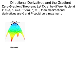 Directional Derivatives and the Gradient
Zero Gradient Theorem: Let f(x, y) be differentiable at
P = (a, b, c) a. If ∇f(a, b) = 0, then all directional
derivatives are 0 and P could be a maximum,




      Maximum
 