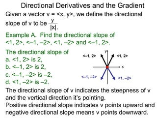 Directional Derivatives and the Gradient
Given a vector v = <x, y>, we define the directional
                  y
slope of v to be
                 |x|.
Example A. Find the directional slope of
<1, 2>, <–1, –2>, <1, –2> and <–1, 2>.
The directional slope of                y
                                <–1, 2>    <1, 2>
a. <1, 2> is 2,
b. <–1, 2> is 2,                              x

c. <–1, –2> is –2,             <–1, –2>     <1, –2>
d. <1, –2> is –2.
The directional slope of v indicates the steepness of v
and the vertical direction it’s pointing.
Positive directional slope indicates v points upward and
negative directional slope means v points downward.
 