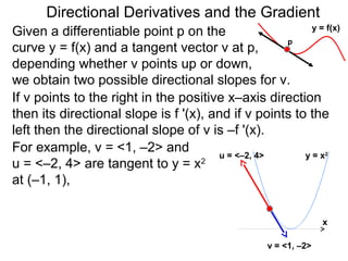 Directional Derivatives and the Gradient
                                                         y = f(x)
Given a differentiable point p on the
                                                    p
curve y = f(x) and a tangent vector v at p,
depending whether v points up or down,
we obtain two possible directional slopes for v.
If v points to the right in the positive x–axis direction
then its directional slope is f '(x), and if v points to the
left then the directional slope of v is –f '(x).
For example, v = <1, –2> and           u = <–2, 4>      y=x     2

u = <–2, 4> are tangent to y = x    2

at (–1, 1),


                                                                x

                                                  v = <1, –2>
 