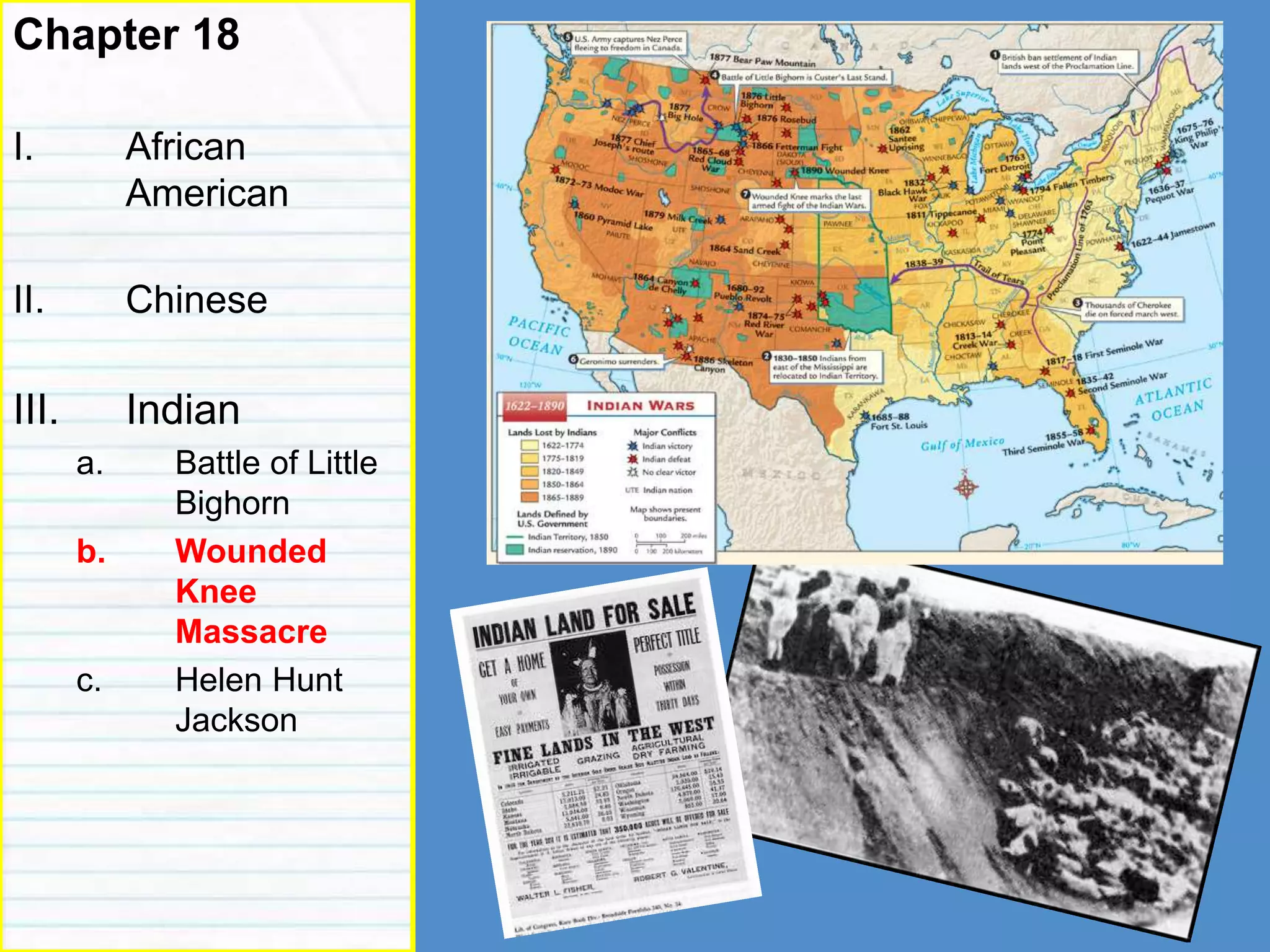 discrimination
Chapter 18
I. African
American
II. Chinese
III. Indian
a. Battle of Little
Bighorn
b. Wounded
Knee
Massacre
c. Helen Hunt
Jackson
 