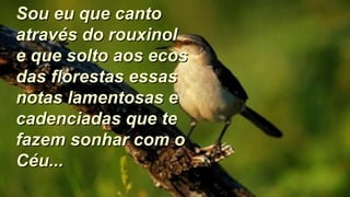 Sou eu que cantoSou eu que canto
através do rouxinolatravés do rouxinol
e que solto aos ecose que solto aos ecos
das florestas essasdas florestas essas
notas lamentosas enotas lamentosas e
cadenciadas que tecadenciadas que te
fazem sonhar com ofazem sonhar com o
Céu...Céu...
 