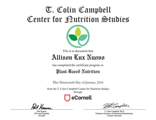 Allison Lux Nuovo
Plant-Based Nutrition
This Nineteenth Day of January, 2016
 