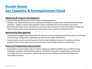 Rosalie Grosso
Key Capability & Accomplishment Detail
Marketing & Program Development
• Planned, directed new business multi-channel marketing programs.
• Designed and implemented full service Call/Contact Center for product sales and service to Banks Retail
customers : organic customer policy growth in excess of 50,000 inforce multi-product line policies.
• Directed Private Client Group Personal Lines Insurance sales and service functions for affluent and private
bank customers with annual new business and renewal revenue goals exceeding $10 million.
3April 29, 2016
Relationship Management
• Directed and managed relationships with 30+ external insurance company & wholesaler partners: directing
all contracting, compensation negotiations, general service, audit requirements.
• Assessed partner performance through joint partnership initiatives, direction of marketing activities,
creation of service level agreements and measurement and oversight of partner performance.
Process & Productivity Improvement
• Consolidated 7 remote offices into one without adding any additional staff to the one office through
redesigned workflows, streamlined procedures, enhanced training and comprehensive utilization of
technology resources and systems. Results: business practice staff decreased by 60% without any
interruption in service.
 
