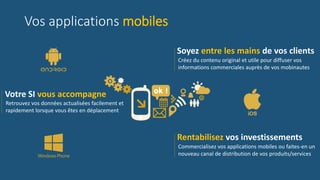 Vos applications mobiles
Soyez entre les mains de vos clients
Créez du contenu original et utile pour diffuser vos
informations commerciales auprès de vos mobinautes
Votre SI vous accompagne
Retrouvez vos données actualisées facilement et
rapidement lorsque vous êtes en déplacement
Rentabilisez vos investissements
Commercialisez vos applications mobiles ou faites-en un
nouveau canal de distribution de vos produits/services
 
