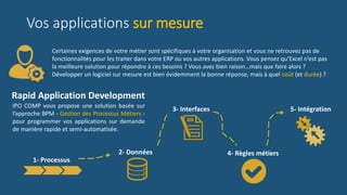 Vos applications sur mesure
Certaines exigences de votre métier sont spécifiques à votre organisation et vous ne retrouvez pas de
fonctionnalités pour les traiter dans votre ERP ou vos autres applications. Vous pensez qu’Excel n’est pas
la meilleure solution pour répondre à ces besoins ? Vous avez bien raison…mais que faire alors ?
Développer un logiciel sur mesure est bien évidemment la bonne réponse, mais à quel coût (et durée) ?
Rapid Application Development
IPO COMP vous propose une solution basée sur
l’approche BPM - Gestion des Processus Métiers -
pour programmer vos applications sur demande
de manière rapide et semi-automatisée.
1- Processus
2- Données
3- Interfaces
4- Règles métiers
5- Intégration
 