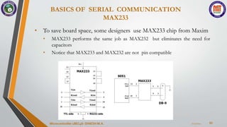 BASICS OF SERIAL COMMUNICATION
MAX233
53
• To save board space, some designers use MAX233 chip from Maxim
• MAX233 performs the same job as MAX232 but eliminates the need for
capacitors
• Notice that MAX233 and MAX232 are not pin compatible
7/23/2024
Microcontroller 18EC46- DINESH M.A.
 