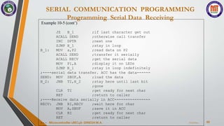 SERIAL COMMUNICATION PROGRAMMING
Programming Serial Data Receiving
69
7/23/2024
Microcontroller 18EC46- DINESH M.A.
Example 10-5 (cont’)
JZ B_1
B_1:
ACALL SEND
INC DPTR
SJMP H_1
MOV a,P2
ACALL SEND
ACALL RECV
MOV P1,A
SJMP B_1
;if last character get out
;otherwise call transfer
;next one
;stay in loop
;read data on P2
;transfer it serially
;get the serial data
;display it on LEDs
;stay in loop indefinitely
;----serial data transfer. ACC has the data------
SEND: MOV SBUF,A
H_2: JNB TI,H_2
CLR TI
RET
;load the data
;stay here until last bit
;gone
;get ready for next char
;return to caller
;----Receive data serially in ACC----------------
RECV: JNB RI,RECV
MOV A,SBUF
CLR RI
RET
;wait here for char
;save it in ACC
;get ready for next char
;return to caller
...
 