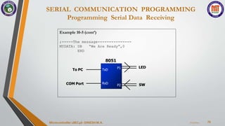 SERIAL COMMUNICATION PROGRAMMING
Programming Serial Data Receiving
70
7/23/2024
Microcontroller 18EC46- DINESH M.A.
Example 10-5 (cont’)
TxD
RxD
P1
P2
To PC
COM Port
LED
SW
;-----The message---------------
MYDATA: DB “We Are Ready”,0
END
8051
 