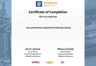 Certificate of Completion
This is to certify that
Has satisfactorily completed the following training
John N. Stadwick
John N. Stadwick
President & Managing Director
GM Middle East Operations
Mohamad El Jibahi
Mohamad El Jibahi
Regional Training Manager
GM Middle East Operations
17/02/2013
Ali Al Najrani
GMROS.02W
GM Difference Retailer Operations Standards -
Sales
 