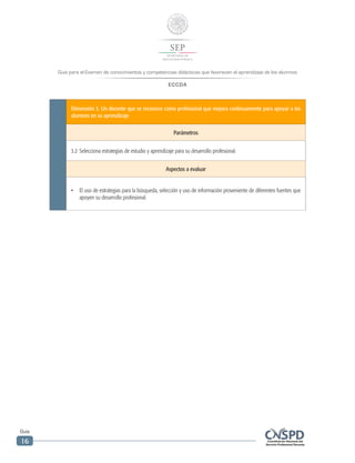 Guía para el Examen de conocimientos y competencias didácticas que favorecen el aprendizaje de los alumnos
ECCDA
Guía
16
Dimensión 3. Un docente que se reconoce como profesional que mejora continuamente para apoyar a los
alumnos en su aprendizaje
Parámetros
3.2	Selecciona estrategias de estudio y aprendizaje para su desarrollo profesional.
Aspectos a evaluar
•	 El uso de estrategias para la búsqueda, selección y uso de información proveniente de diferentes fuentes que
apoyen su desarrollo profesional.
 