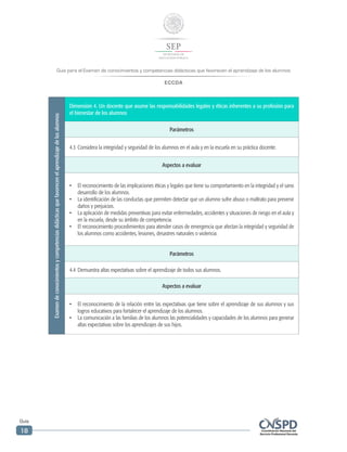 Guía para el Examen de conocimientos y competencias didácticas que favorecen el aprendizaje de los alumnos
ECCDA
Guía
18
Examendeconocimientosycompetenciasdidácticasquefavorecenelaprendizajedelosalumnos
Dimensión 4. Un docente que asume las responsabilidades legales y éticas inherentes a su profesión para
el bienestar de los alumnos
Parámetros
4.3	Considera la integridad y seguridad de los alumnos en el aula y en la escuela en su práctica docente.
Aspectos a evaluar
•	 El reconocimiento de las implicaciones éticas y legales que tiene su comportamiento en la integridad y el sano
desarrollo de los alumnos.
•	 La identificación de las conductas que permiten detectar que un alumno sufre abuso o maltrato para prevenir
daños y perjuicios.
•	 La aplicación de medidas preventivas para evitar enfermedades, accidentes y situaciones de riesgo en el aula y
en la escuela, desde su ámbito de competencia.
•	 El reconocimiento procedimientos para atender casos de emergencia que afectan la integridad y seguridad de
los alumnos como accidentes, lesiones, desastres naturales o violencia.
Parámetros
4.4	Demuestra altas expectativas sobre el aprendizaje de todos sus alumnos.
Aspectos a evaluar
•	 El reconocimiento de la relación entre las expectativas que tiene sobre el aprendizaje de sus alumnos y sus
logros educativos para fortalecer el aprendizaje de los alumnos.
•	 La comunicación a las familias de los alumnos las potencialidades y capacidades de los alumnos para generar
altas expectativas sobre los aprendizajes de sus hijos.
 