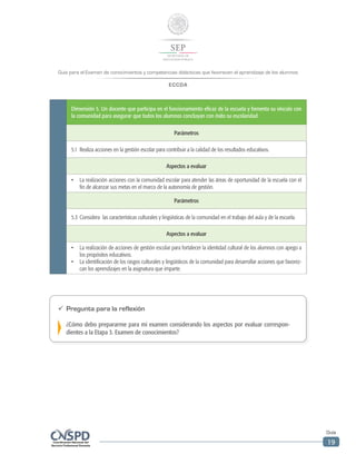 Guía para el Examen de conocimientos y competencias didácticas que favorecen el aprendizaje de los alumnos
ECCDA
Guía
19
Dimensión 5. Un docente que participa en el funcionamiento eficaz de la escuela y fomenta su vínculo con
la comunidad para asegurar que todos los alumnos concluyan con éxito su escolaridad
Parámetros
5.1	 Realiza acciones en la gestión escolar para contribuir a la calidad de los resultados educativos.
Aspectos a evaluar
•	 La realización acciones con la comunidad escolar para atender las áreas de oportunidad de la escuela con el
fin de alcanzar sus metas en el marco de la autonomía de gestión.
Parámetros
5.3	Considera  las características culturales y lingüísticas de la comunidad en el trabajo del aula y de la escuela.
Aspectos a evaluar
•	 La realización de acciones de gestión escolar para fortalecer la identidad cultural de los alumnos con apego a
los propósitos educativos.
•	 La identificación de los rasgos culturales y lingüísticos de la comunidad para desarrollar acciones que favorez-
can los aprendizajes en la asignatura que imparte.
ü	 Pregunta para la reflexión
¿Cómo debo prepararme para mi examen considerando los aspectos por evaluar correspon-
dientes a la Etapa 3. Examen de conocimientos?
 