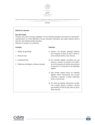 Guía para el Examen de conocimientos y competencias didácticas que favorecen el aprendizaje de los alumnos
ECCDA
Guía
25
Relación de columnas
Base del reactivo.
Tomando como base el principio pedagógico “Uso de materiales educativos para favorecer el aprendizaje”,
específicamente en el tema Materiales y recursos educativos informáticos que pueden utilizarse dentro y
fuera del aula mediante portales educativos.
Relacione el concepto con su definición.
Concepto
1.	 Objetos de aprendizaje
2.	 Planes de clase
3.	Cuestionamientos
4.	 Plataformas tecnológicas y software educativo
Definición
a)	Sugieren a los docentes estrategias didácticas
que incorporan los libros de texto y demás re-
cursos existentes dentro y fuera del aula
b)	Son materiales digitales concebidos para que
alumnos y maestros se acerquen a los conteni-
dos de los programas de estudio, para promover
la interacción y el desarrollo de las habilidades
digitales
c)	Estos portales integran bancos de materiales
digitales, ofrecen herramientas para construir
contenidos y propician el trabajo colaborativo
dentro y fuera del aula
d)	 Por medio de preguntas, afirmaciones y proble-
mas a resolver, apoyan a maestros y alumnos
para identificar el nivel de logro sobre un apren-
dizaje esperado
 