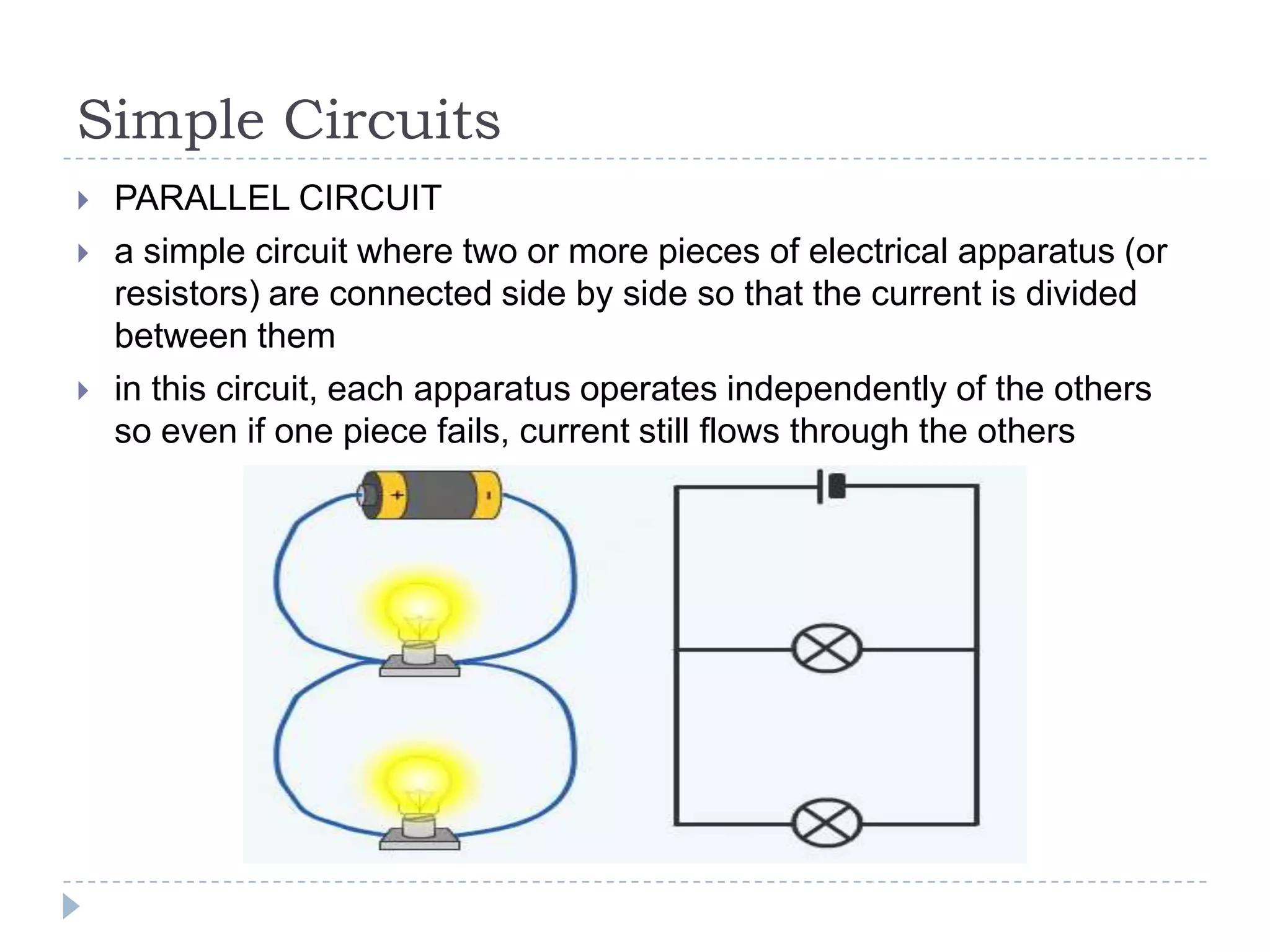 Simple Circuits





PARALLEL CIRCUIT
a simple circuit where two or more pieces of electrical apparatus (or
resistors) are connected side by side so that the current is divided
between them
in this circuit, each apparatus operates independently of the others
so even if one piece fails, current still flows through the others

 