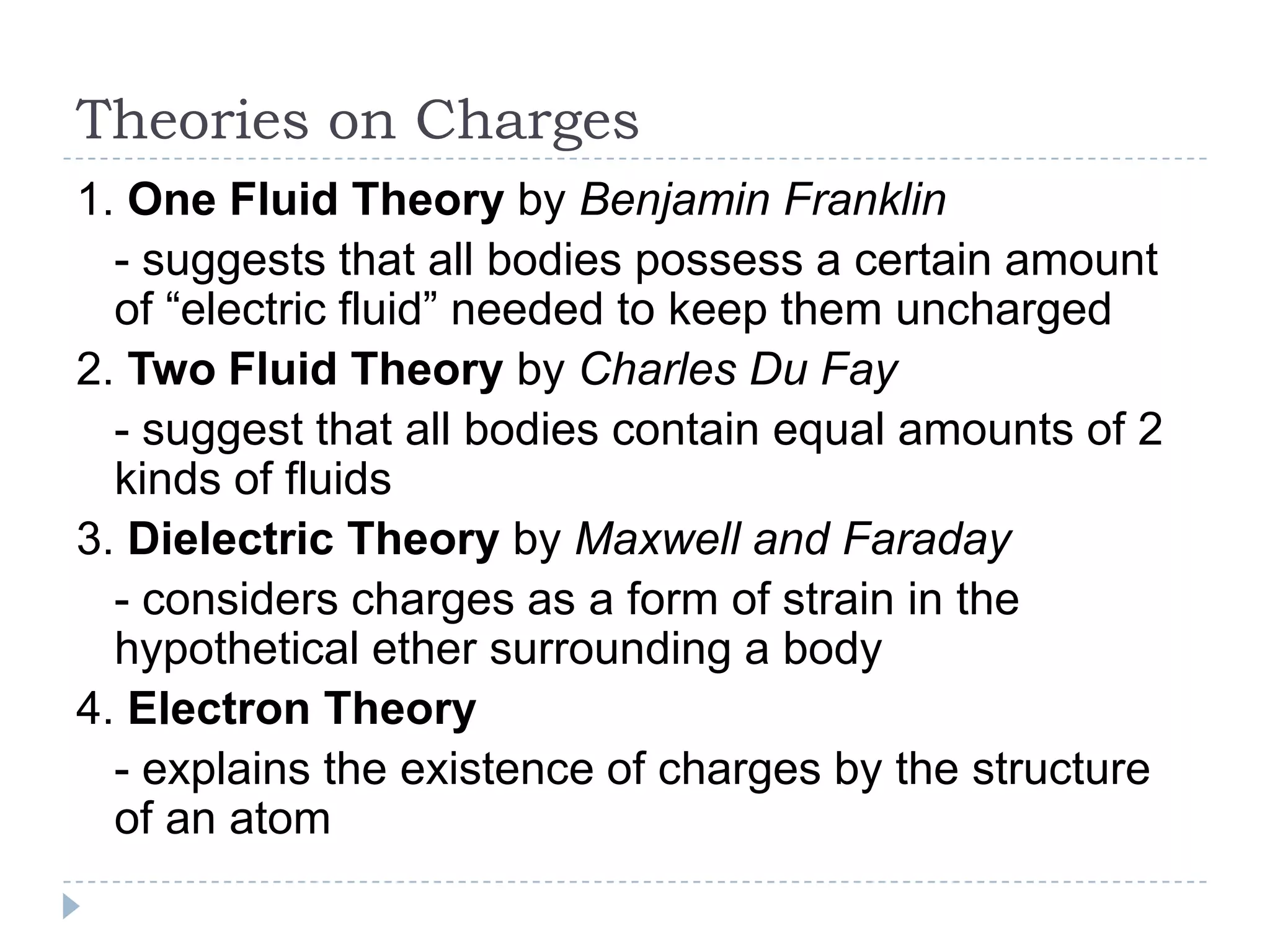 Theories on Charges
1. One Fluid Theory by Benjamin Franklin
- suggests that all bodies possess a certain amount
of “electric fluid” needed to keep them uncharged
2. Two Fluid Theory by Charles Du Fay
- suggest that all bodies contain equal amounts of 2
kinds of fluids
3. Dielectric Theory by Maxwell and Faraday
- considers charges as a form of strain in the
hypothetical ether surrounding a body
4. Electron Theory
- explains the existence of charges by the structure
of an atom

 