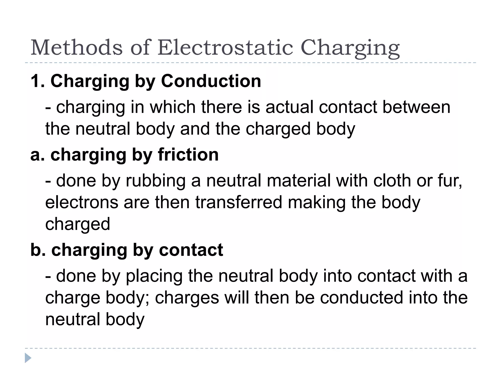 Methods of Electrostatic Charging
1. Charging by Conduction
- charging in which there is actual contact between
the neutral body and the charged body
a. charging by friction
- done by rubbing a neutral material with cloth or fur,
electrons are then transferred making the body
charged
b. charging by contact
- done by placing the neutral body into contact with a
charge body; charges will then be conducted into the
neutral body

 