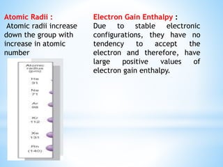 Atomic Radii :
Atomic radii increase
down the group with
increase in atomic
number
Electron Gain Enthalpy :
Due to stable electronic
configurations, they have no
tendency to accept the
electron and therefore, have
large positive values of
electron gain enthalpy.
 