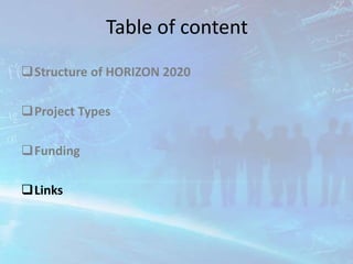Table of content
Structure of HORIZON 2020
Project Types
Funding
Links
 