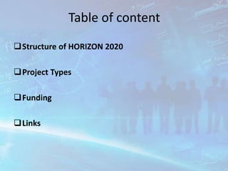 Table of content
Structure of HORIZON 2020
Project Types
Funding
Links
 