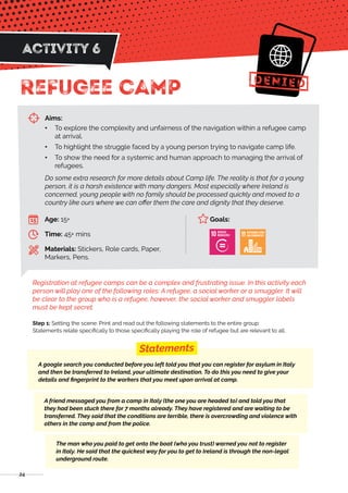 24
Activity 6
Refugee Camp
Aims:
•• To explore the complexity and unfairness of the navigation within a refugee camp
at ar...