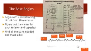 The Base Begins
 Begin with understanding
circuit from Hamamatsu
 Figure out the values for
each resistor and capacitor
 Find all the parts needed
and make a list
1000 V
500 V
400 V200 V50 V
0 V
 