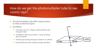 How do we get the photomultiplier tube to see
cosmic rays?
 The photomultiplier tube (PMT) needs photons
to make an electrical signal
 Scintillators
 Two types we use – Organic (hydrocarbons) and
Inorganic (NaI)
 Scintillators work by ionization – ionize all along
path of particle
 Particle gives energy through ionization or collision
 Ionized electrons lose energy through vibrations
 