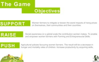 The Game
Objectives
SUPPORT Women farmers to mitigate or lessen the worst impacts of rising prices
on themselves, their communities and their countries.
RAISE Social awareness on a global scale the contribution women makes. To enable
and empower women farmers with Farming and Entrepreneurial Skills.
Agricultural policies favouring women farmers. The result will be a decrease in
hunger and mortality rates of children. Increase productivity by acquiring skills.PUSH
 