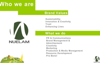 Sustainability
Innovation & Creativity
Trust
Enhancing Lives
PR & Communications
Brand Management &
Advertisement
Creativity
Marketing
Production & Media Management
Resource Development
Pro Bono!
Who we are
Brand Values
What we do
 