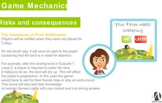Game Mechanics
Risks and consequences
The Importance of Push Notification
Players will be notified when they have not played for
3 days.
On the fourth day, it will send an alert to the player
cautioning that the land is in need for attention.
For example, after the sowing level in Episode 1,
Level 2, a player is required to water the land,
in failing to do so, the land will dry up. This will affect
the player’s progression. In this case the gamer
would have to ask for their friends help or play an extra round.
This round will also test their knowledge
on women farmers rights with one correct and one wrong answer.
 