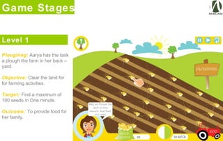 Game Stages
Ploughing: Aarya has the task
a plough the farm in her back –
yard.
Objective: Clear the land for
for farming activities.
Target: Find a maximum of
100 seeds in One minute.
Outcome: To provide food for
her family.
Level 1
 