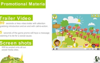 Promotional Material
Trailer Video
Deprived
90 seconds or less video trailer with attention
grabbing introduction and an end with call-to-action.
5 seconds of the game promo will have a message
claiming it to be for a social cause.
Screen shots
Will be posted onto all our
social media sites.
 